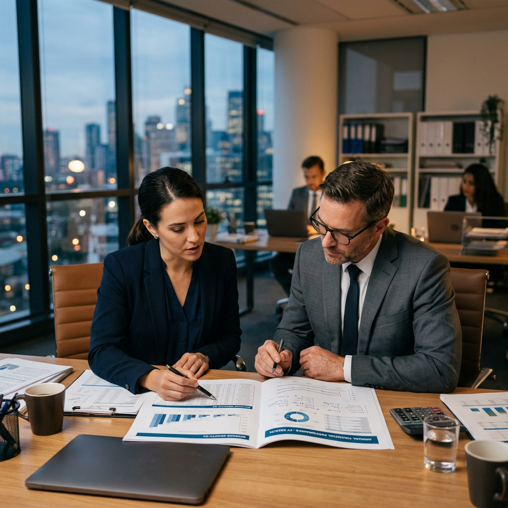 A man and a woman in business attire examining financial charts at a desk in an office