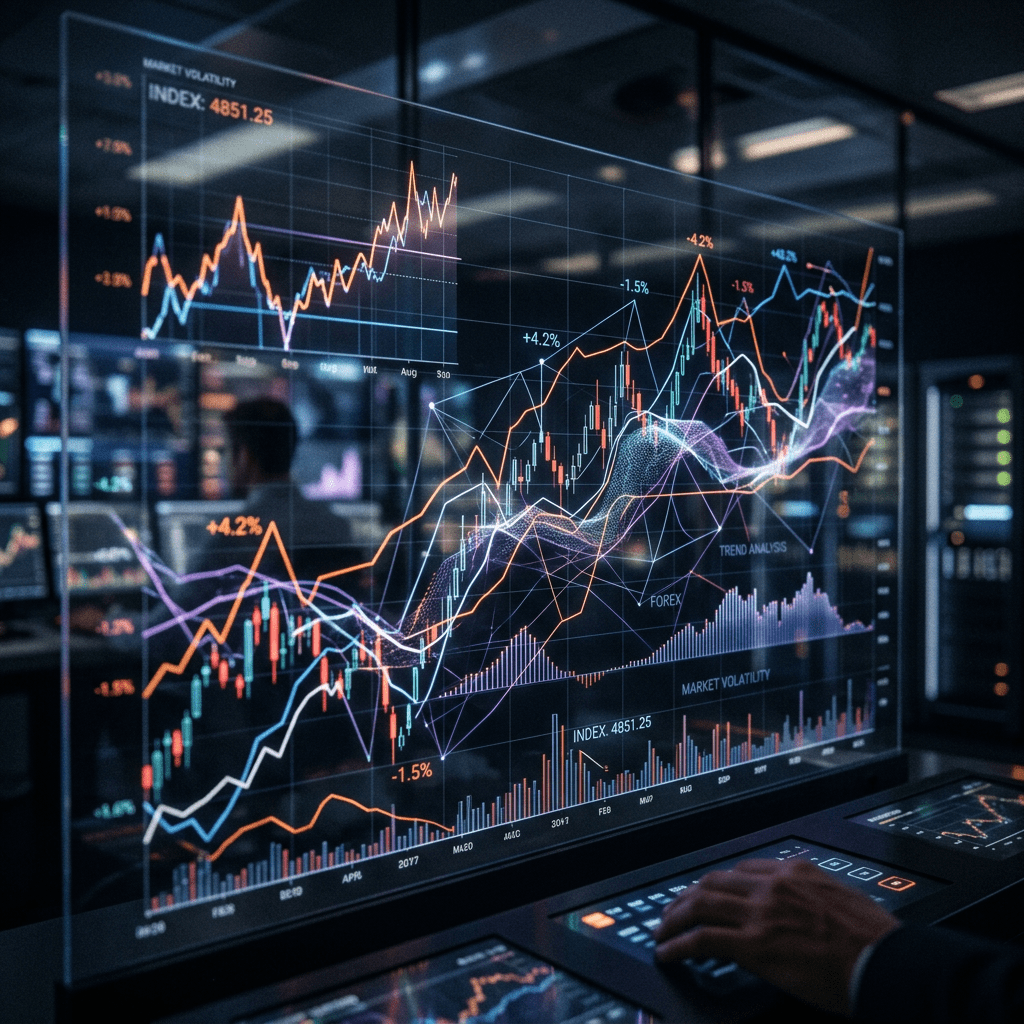 Interactive transparent screen displaying stock market charts and data metrics
