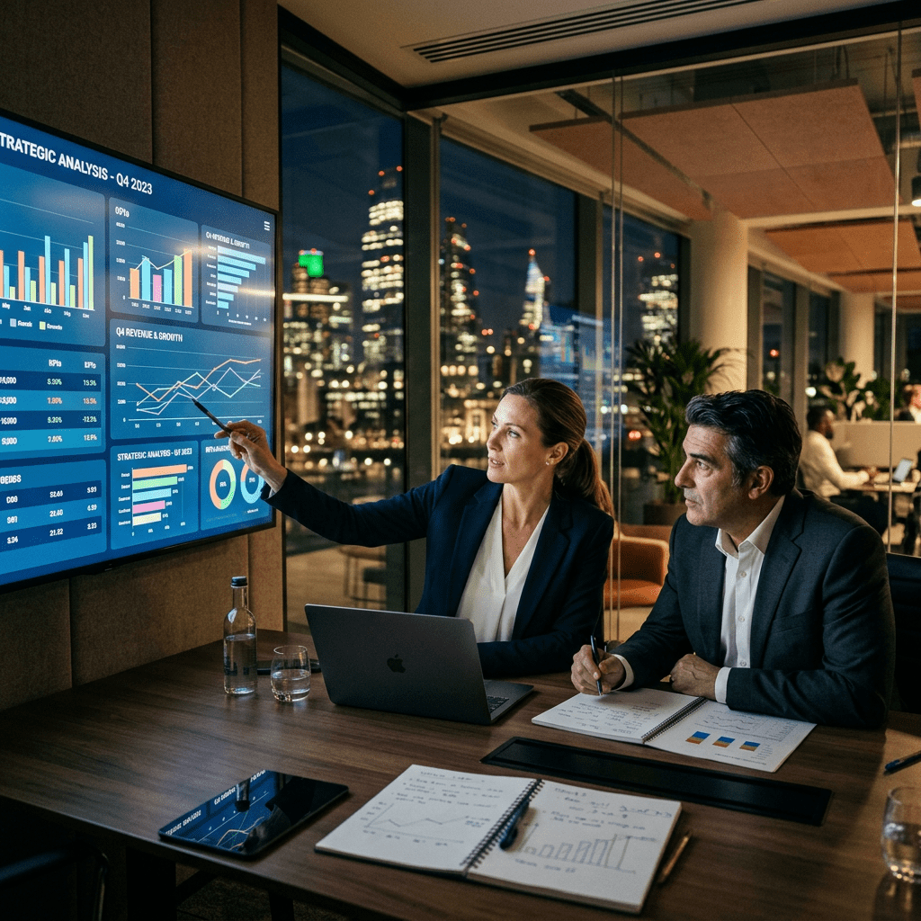 Two business professionals analyzing Q4 2023 strategic data on a large screen in an office