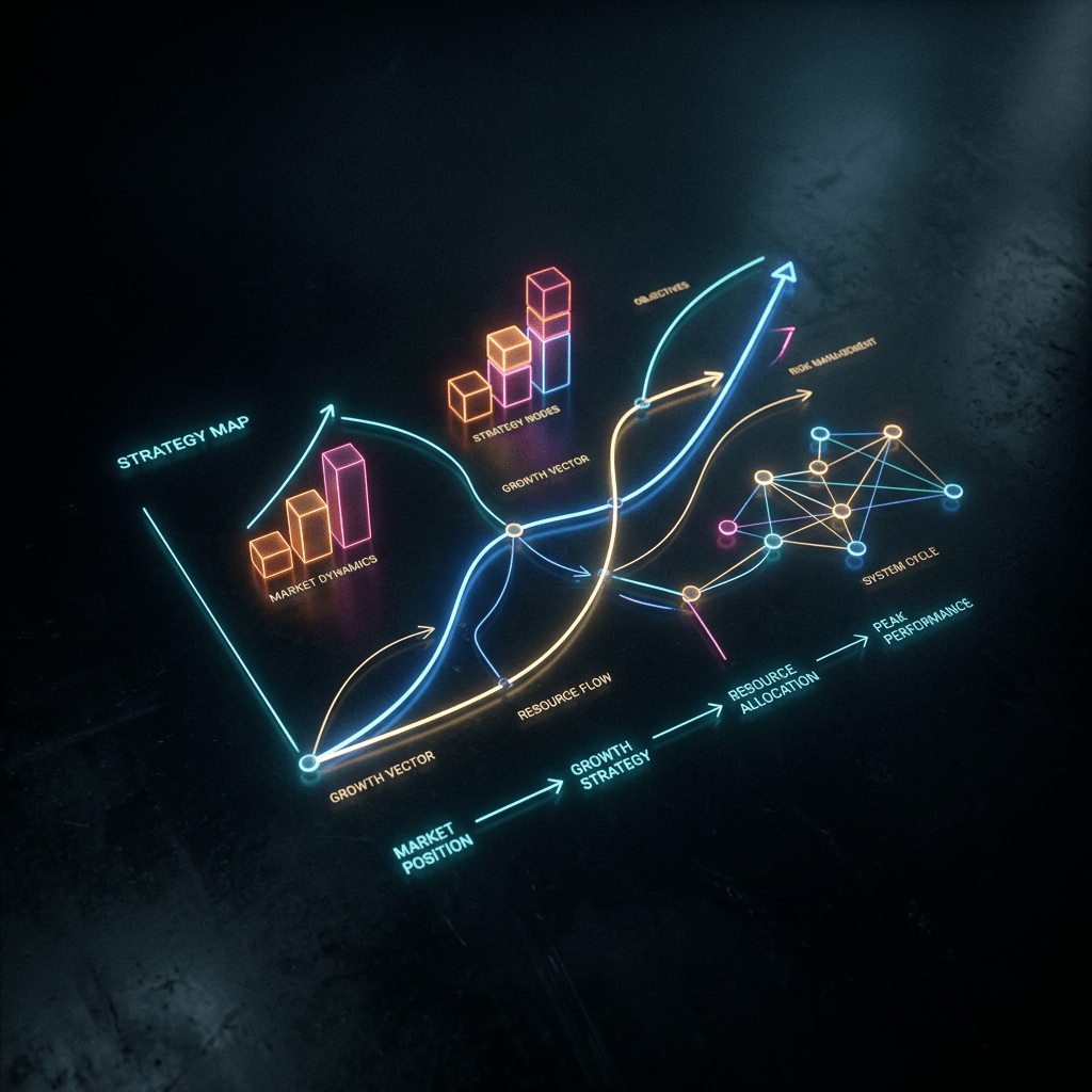 Neon diagram displaying market position, growth strategy, resource allocation, and performance