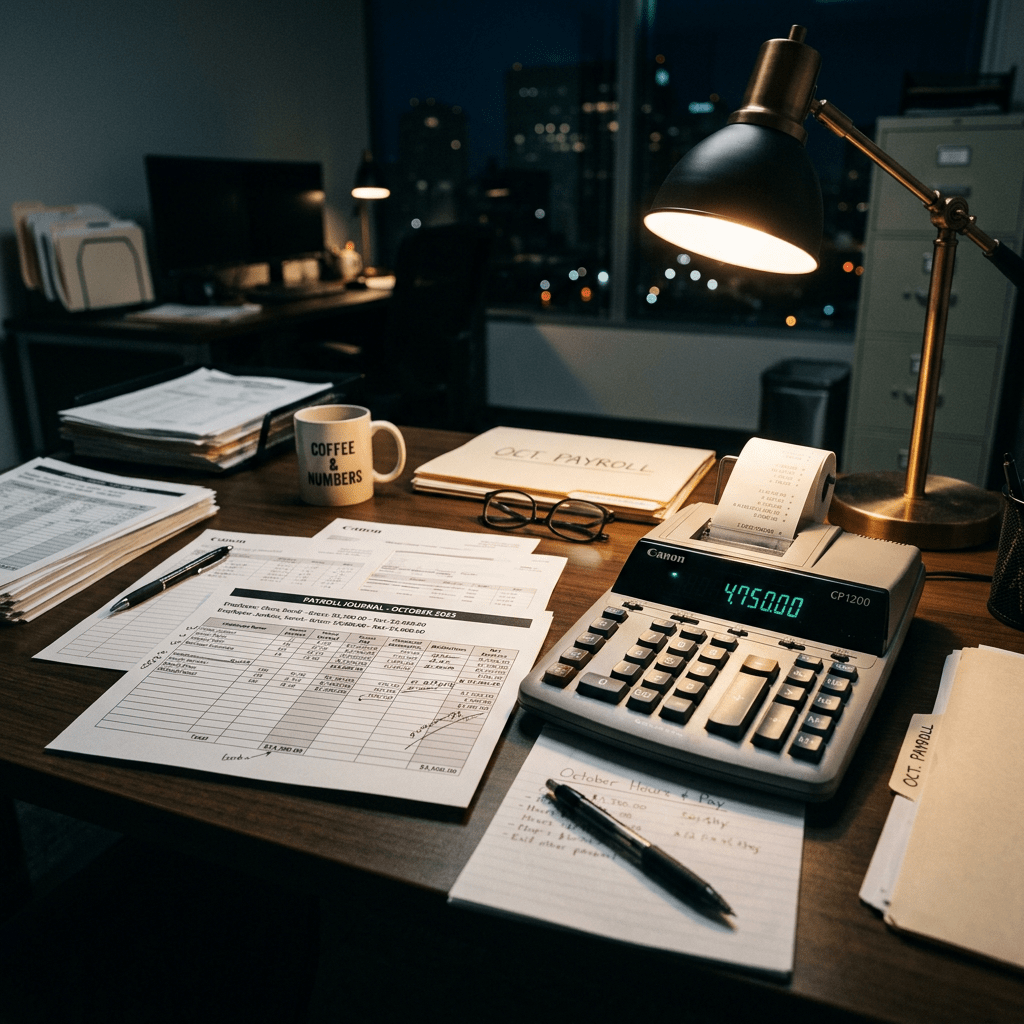 Desk with payroll paperwork, calculator displaying 4750.00, glasses, and coffee mug labeled 'COFFEE & NUMBERS'