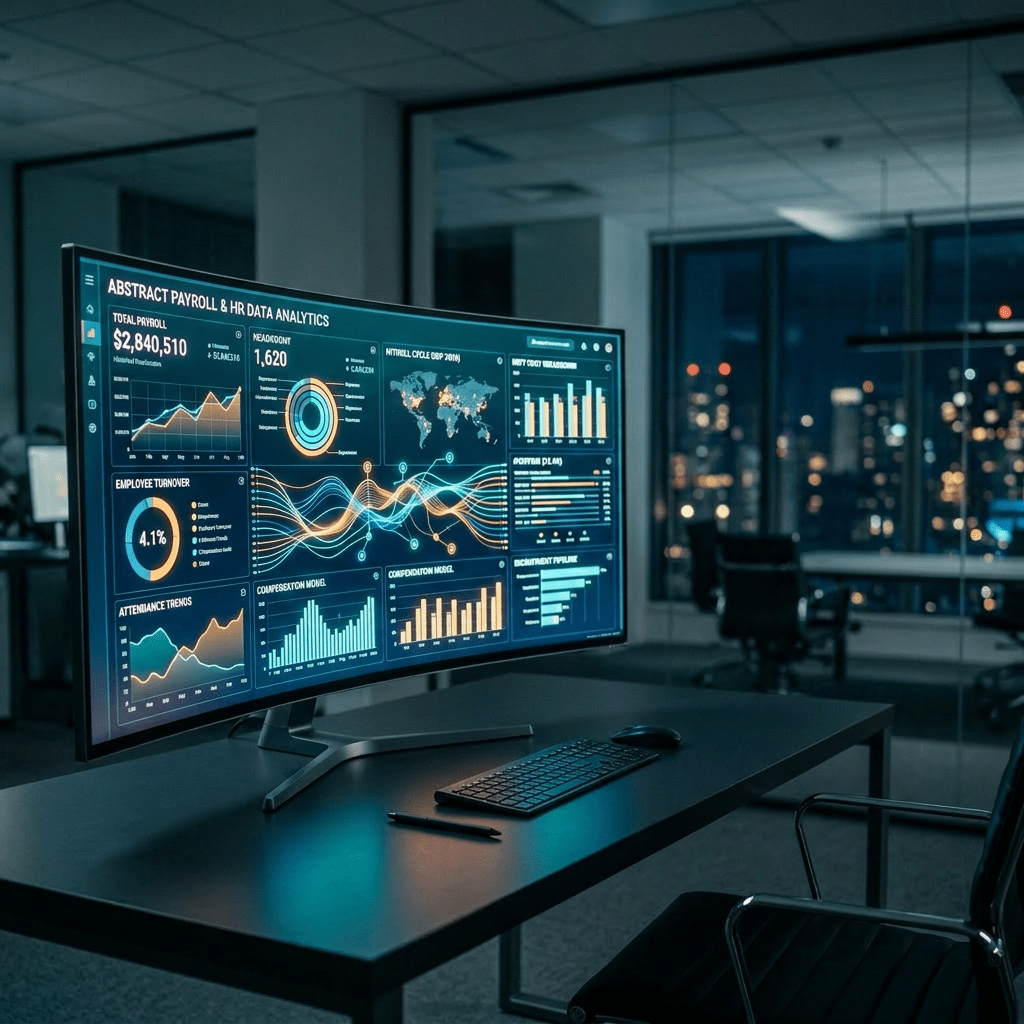 Woman working at desk reviewing payroll and HR analytics dashboard with various charts and graphs