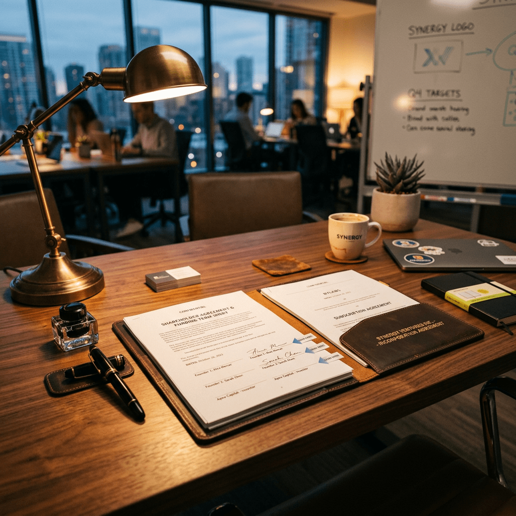 Desk with legal documents, fountain pen, coffee cup labeled SYNERGY, business cards, laptop, and potted plant