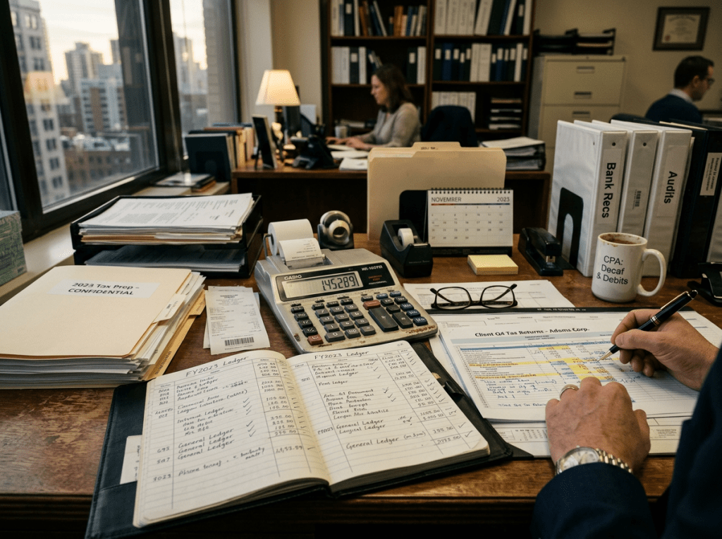 Desk filled with tax files, calculator, ledger, and a person marking a tax return form
